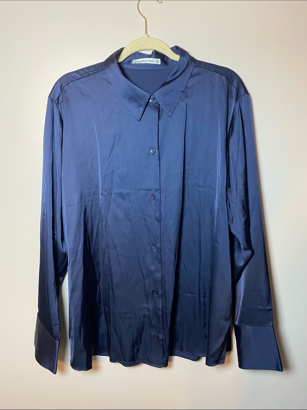 Abercrombie & Fitch Navy Satin Button-Up Dress Shirt Flowy Fit XL